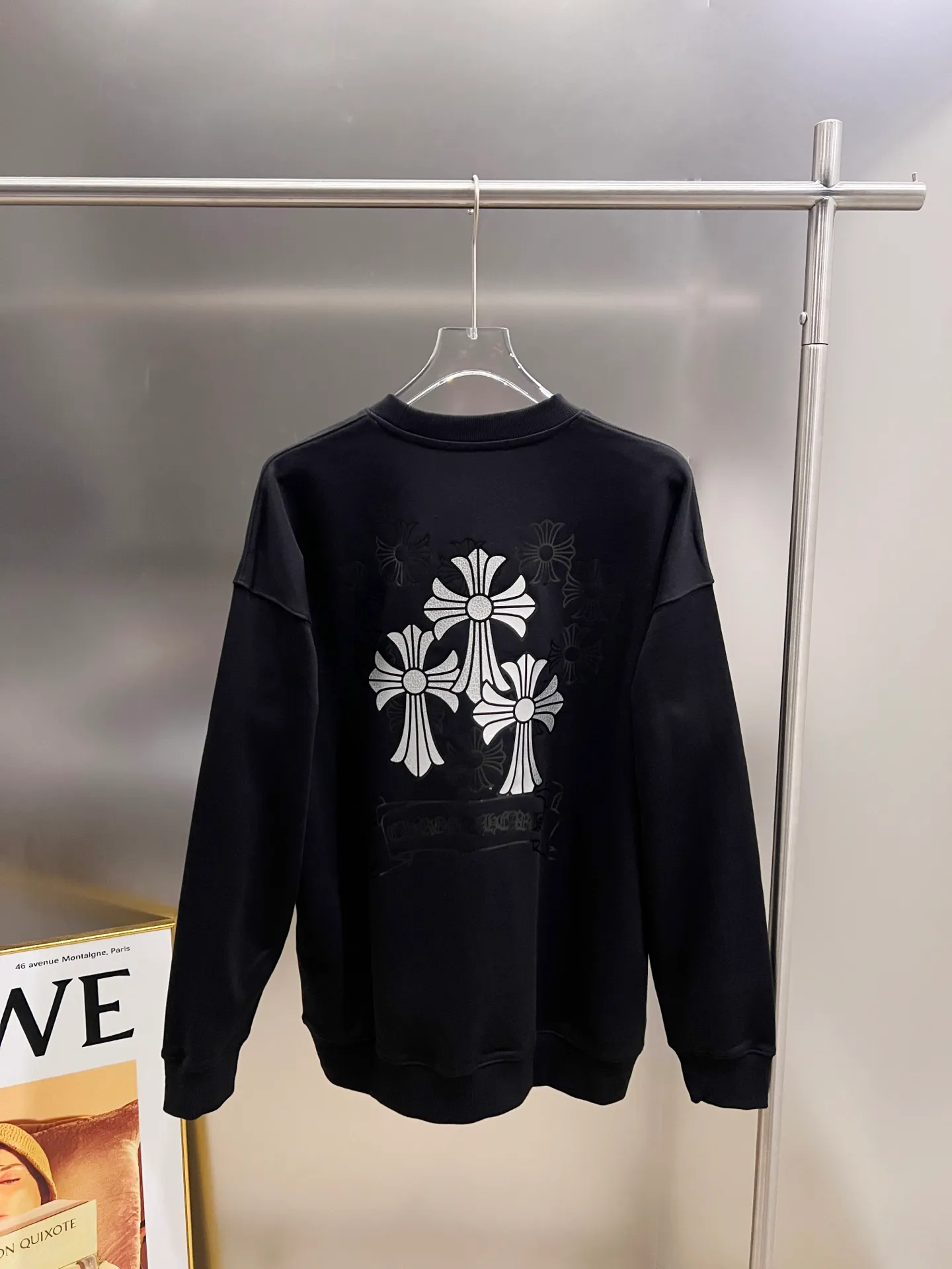 🅿️270 CH Crowe 2025 Autumn and Winter New Round Neck Long Sleeve Sweater Cross Patch Leather + Customized Hardware Metal Horseshoe Sanskrit Text The Real Product Is Great🔥Same Style for Men and Women Loose Version Size S M L XL XXL Five Codes Black White